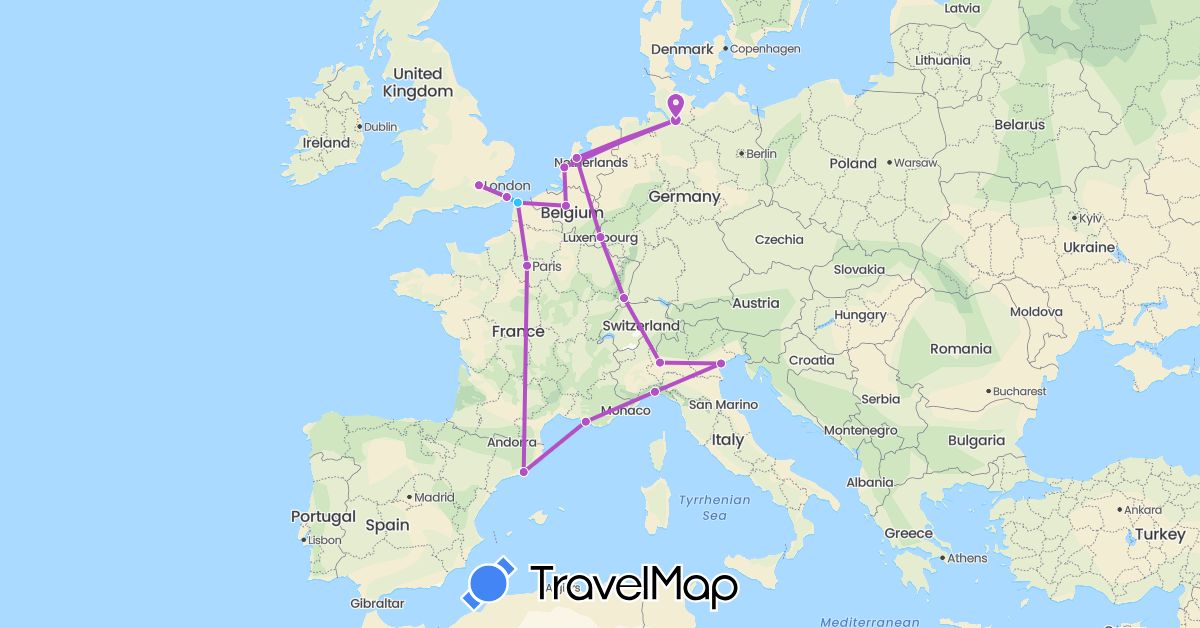 TravelMap itinerary: bus, train, boat in Belgium, Germany, Spain, France, United Kingdom, Italy, Luxembourg, Netherlands (Europe)