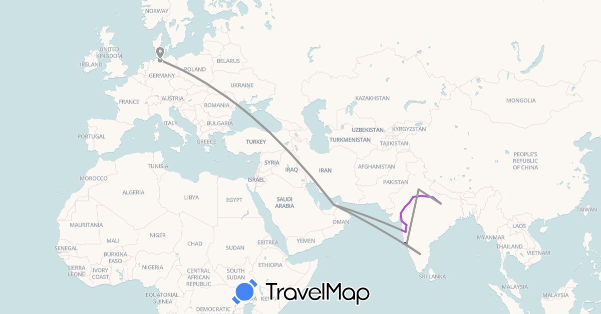 TravelMap itinerary: driving, plane, train in United Arab Emirates, Germany, India (Asia, Europe)
