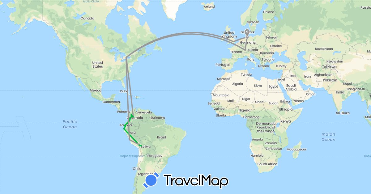 TravelMap itinerary: driving, bus, plane in Bolivia, Canada, Switzerland, Colombia, Germany, Ecuador, United Kingdom, Peru (Europe, North America, South America)